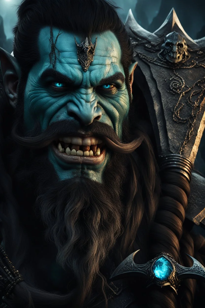 portrait of an orc king. Tusks emerging from bottom lip. Dark braided hair and ice blue eyes. smiling. Half of his head is shaved. wearing jewellery. Carrying a battleaxe. High resolution. 4K. 8K. Dark Fantasy style. Cave in the background