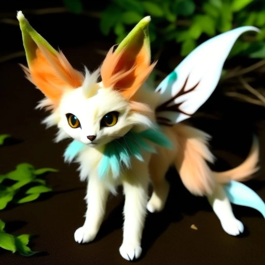Create an moth fox cat with moth fluff collar and moth wings on its back