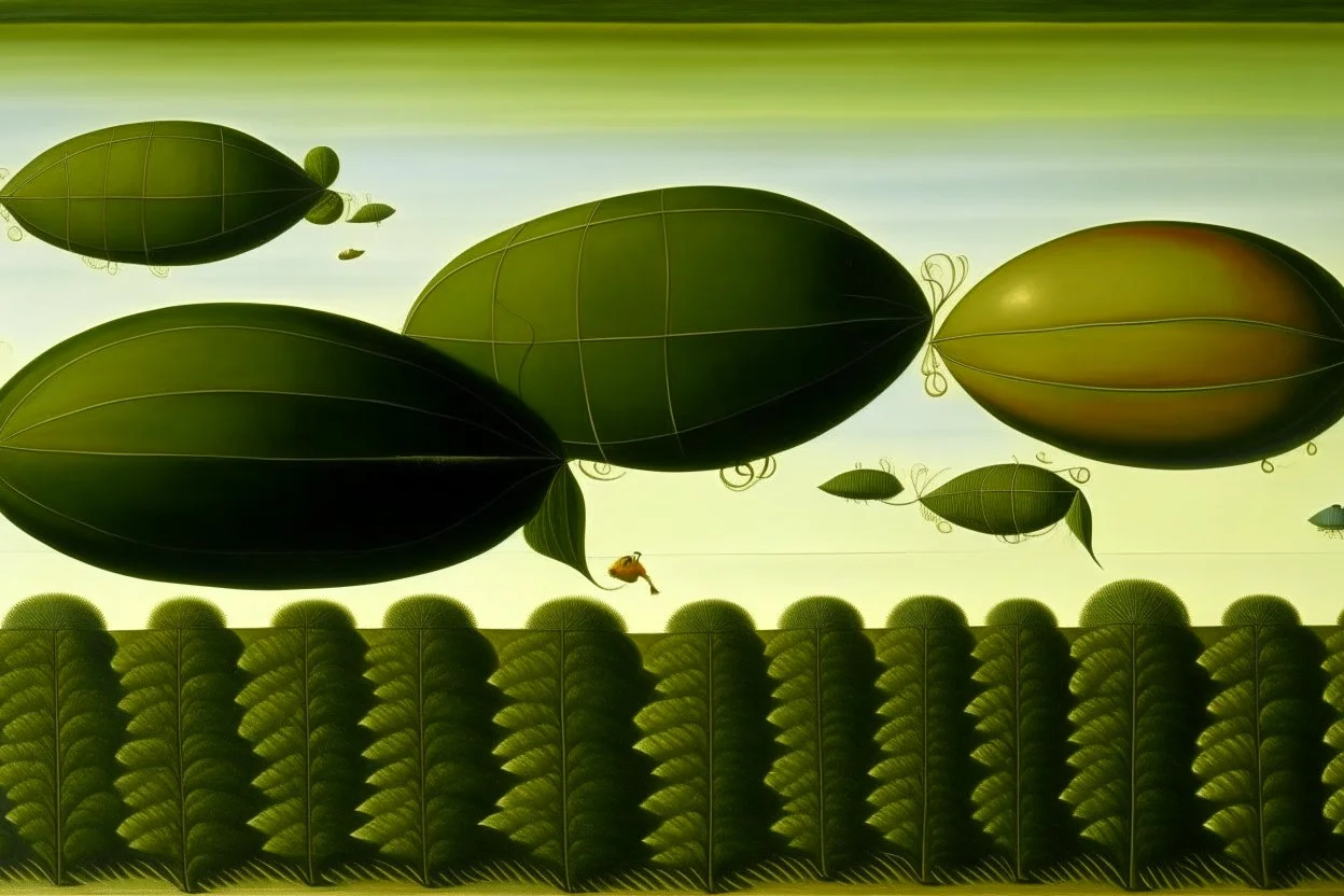 Olive green airships in the sky painted by Henri Rousseau