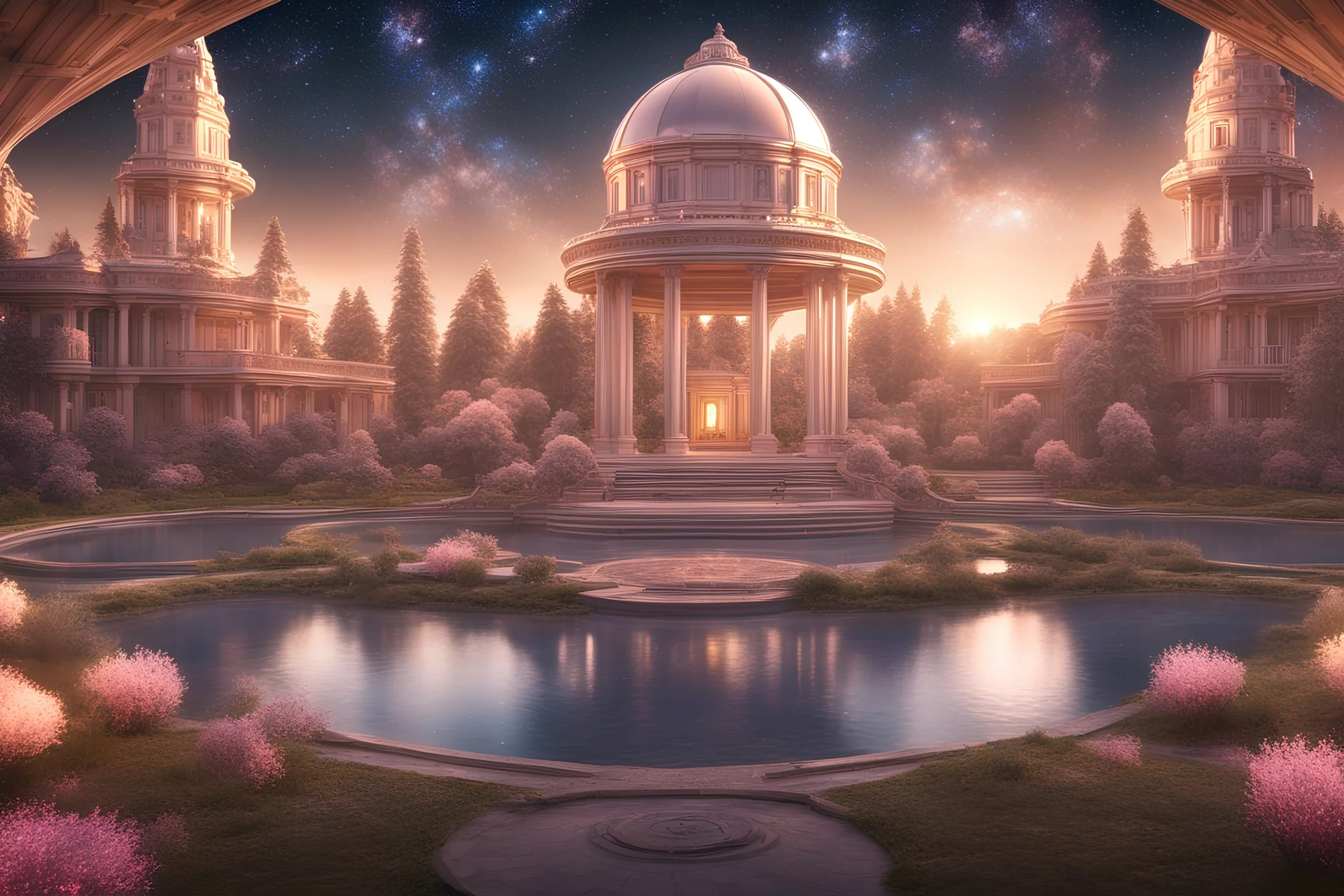 graceful and pure harmonic cosmic city with several magic and beautiful smal garden and great building, a magnificent environment, cosmic, faceted dome, crystals, lake. infinitely many details. starry sky, sparkles of light. high definition, 4k, cosmic star sky and ufo in the sky