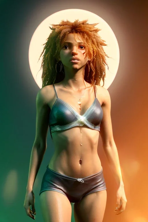 Shakira artist, Realistic image, natural waist up portrait, natural busty , perfect eyes, glow, circle iris. concept art, smooth, unreal engine 5, god lights, ray tracing, RTX, lumen lighting, ultra detail, volumetric lighting, 3d, finely drawn, high definition, 4k.