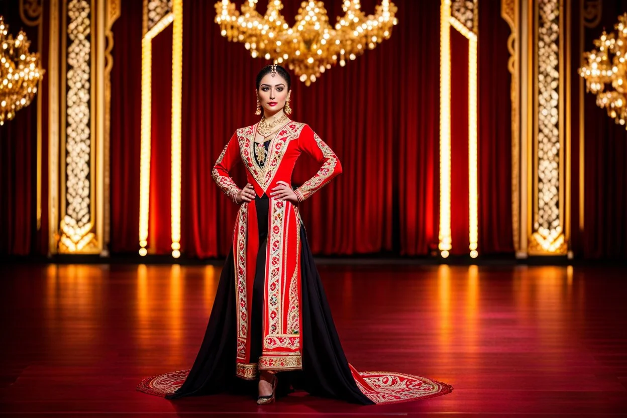 azeri female full bdy with traditional dance clothing in modern stage in a royal hall