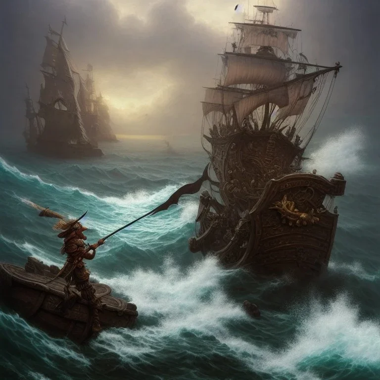 a pirate warrior on his ship, a highly detailed illustration, background of giant crashing ocean waves, realistic render, 8 k, micro detail, intricate, elegant, centered, digital painting, Artstation, smooth, sharp focus, illustration, artgerm, tomasz alen kopera, peter mohrbacher, donato giancola, joseph christian leyendecker, wlop, boris vallejo