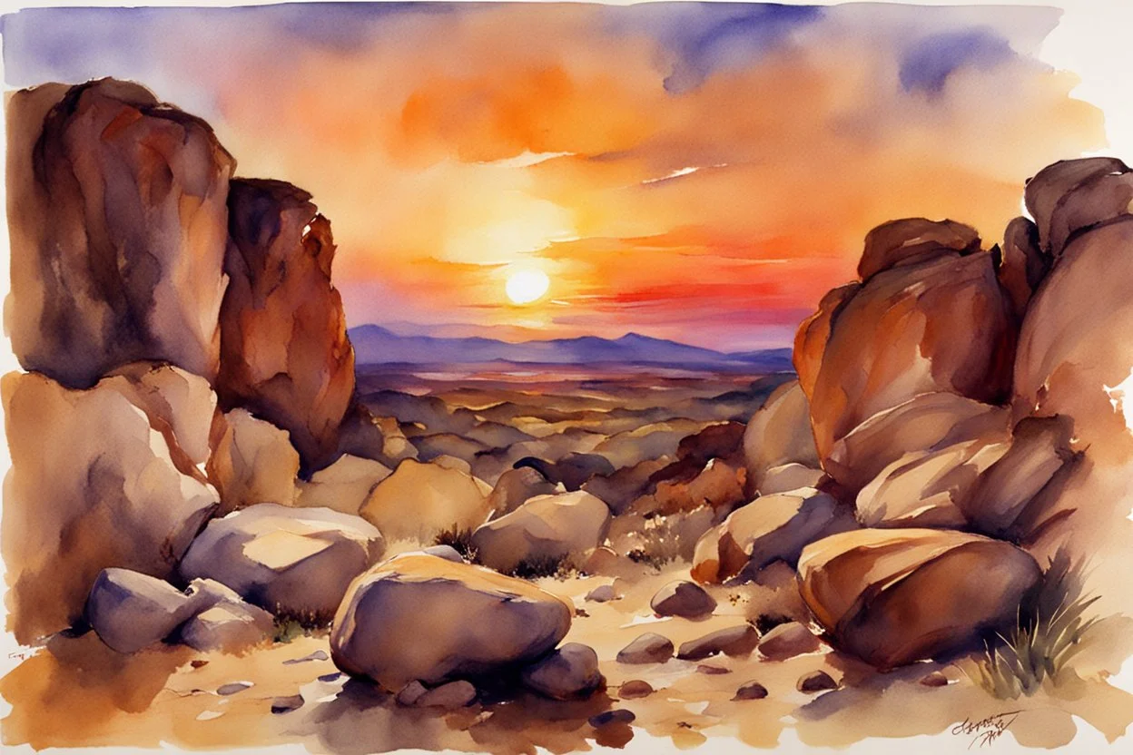 Sunset, rocks, mountains, rocky land, epic, john singer sargent watercolor paintings