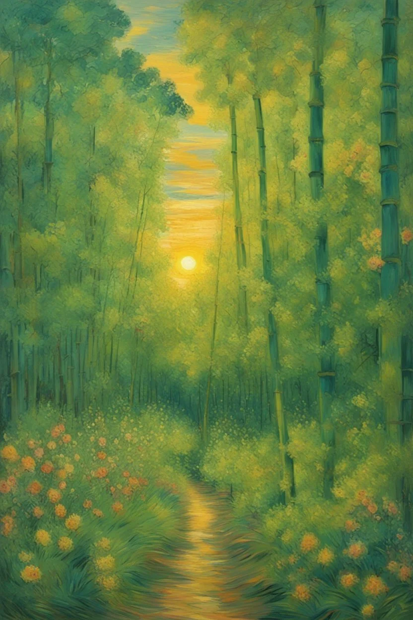 A lime green forest filled with flowers and bamboo trees in sunset , painted by Van Gogh, Busch painting style ,