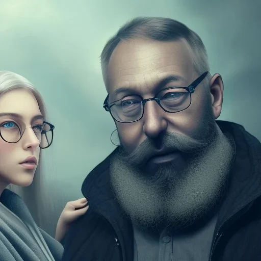 a young woman sitting next to a 50-year-old man with a beard and short hair, portrait, 8K, close-up face, anatomically perfect face, Highly detailed stunning full frame portrait, misty and cloudy atmosphere