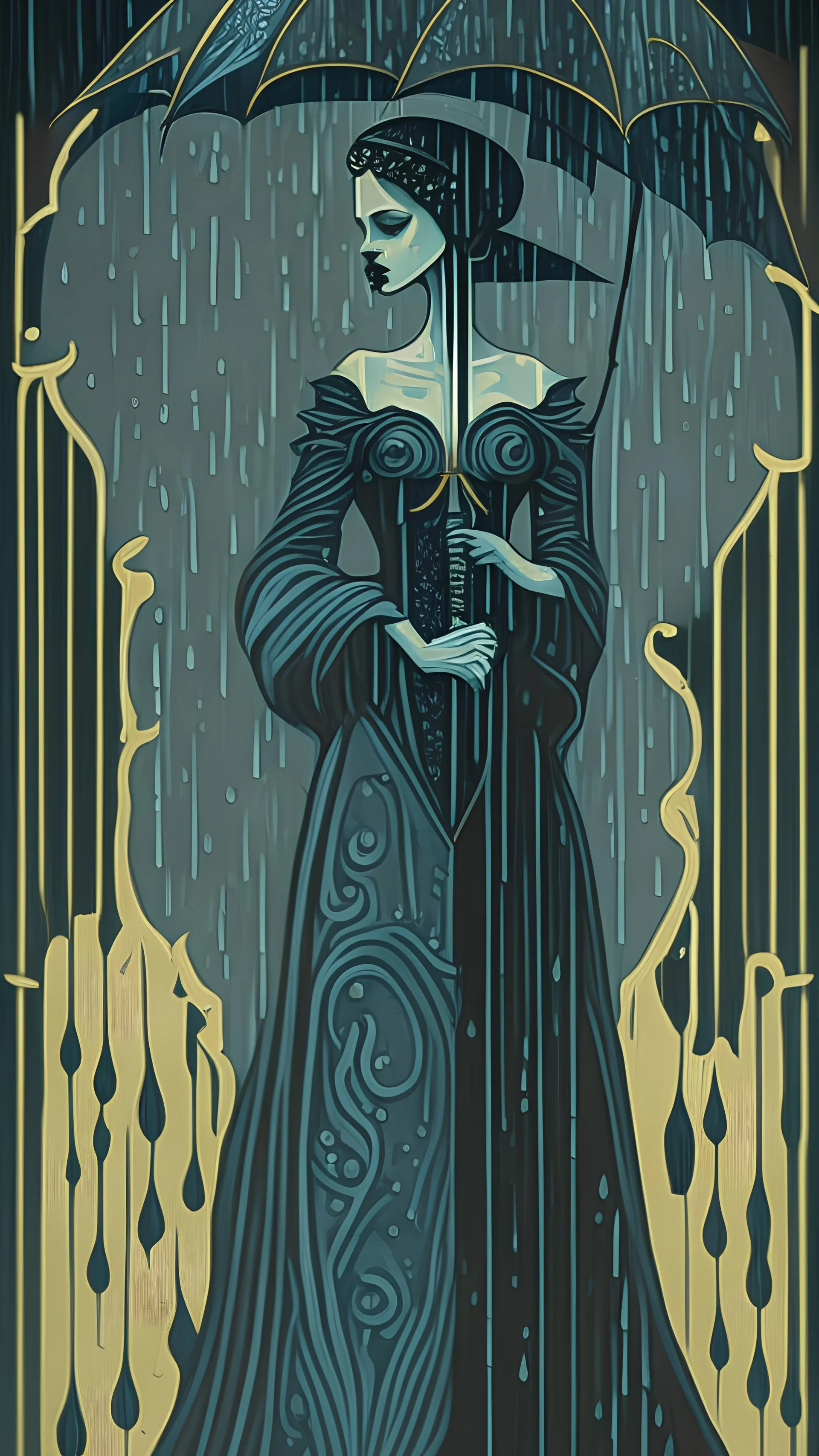 Painting in erte style of gothic woman standing in rain