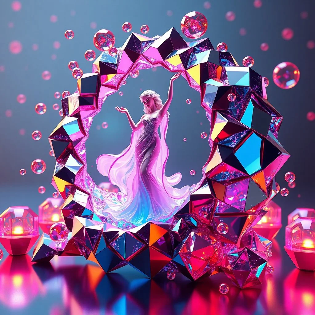 very complex CIFY structure ,pretty viberating color environment 3d metalic and crystal recursive evolving and animating beveled geometric base very complex CIFY structure emiting bubbles that broke, goddess of love in a pretty cleric dress comes out dancing gracefully , viberating color moving very in modern city escape environment while camera tracking it.write in down screen 3d animating"Made in Grok By:J.Babakan"