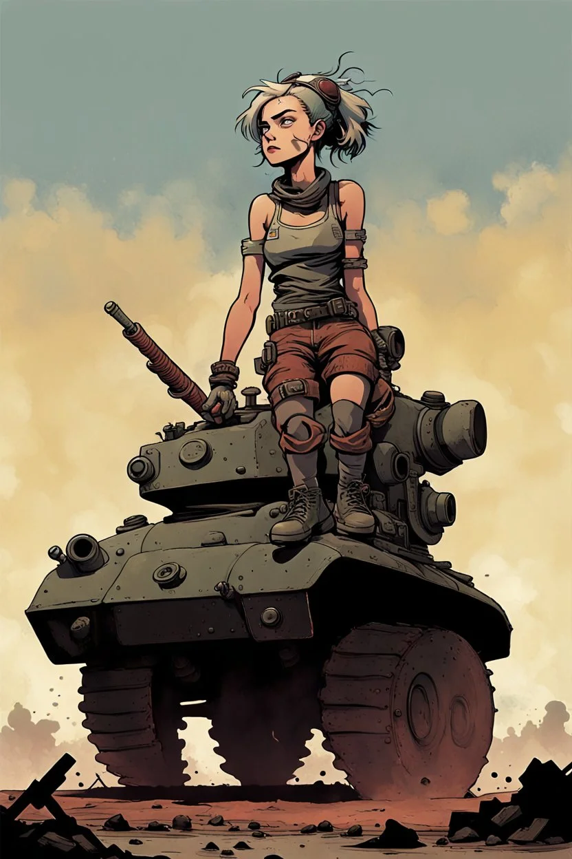 Far away, on the distant horizon where the wastelands met the sky, a small but unmistakable figure came into view. She was perched atop a hulking, makeshift vehicle, a ragtag tank that seemed to defy the very laws of mechanics. Her silhouette, framed by the dying embers of the day, was instantly recognizable. Tank Girl, a symbol of defiance and rebellion in this desolate world, rode the contraption with a wild, untamed spirit. Her hair, a shock of colorful disarray, billowed in the wind as she s