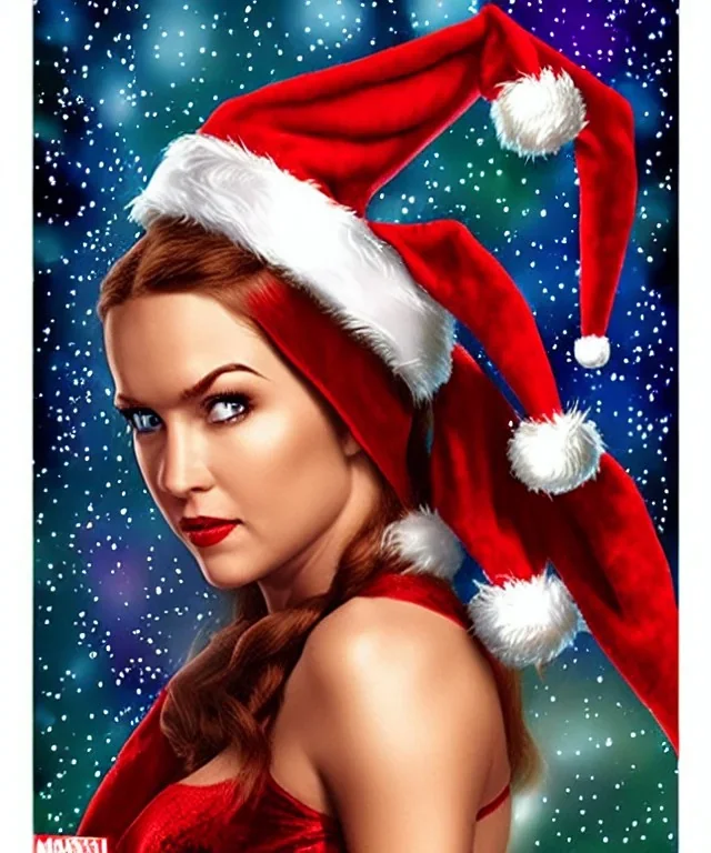 woman elve. Christmas scene. poster. marvel comic. low-key