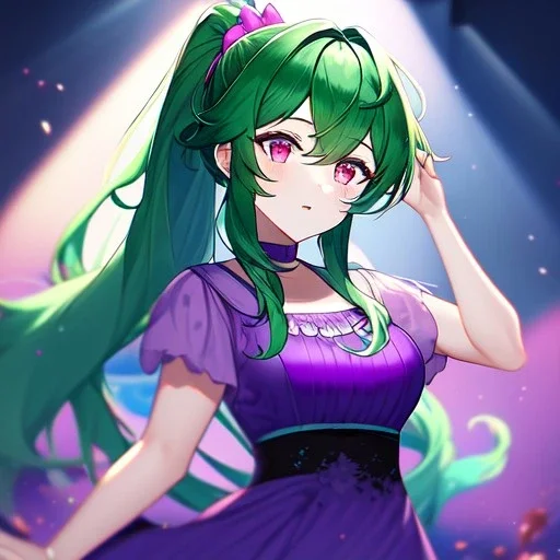 Clear focus, 8k, beautiful lighting, vibrant colors, girl, green hair, long hair, vibrant pink eyes, ponytail, messy hair, blue and purple outfit,