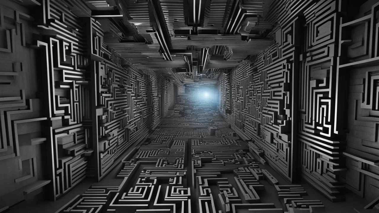 through a Neverending Surrealism Maze, Lost my dreams Labyrinthe , 3d geometric shapes, shadows, and lights, dark background, 3D fantasy art, detailed, sharp focus, very detailed, realistic, sharp lights, intricately detailed, futuristic, photorealistic, high contrast, stunning, fantasy, cinematic, masterpiece