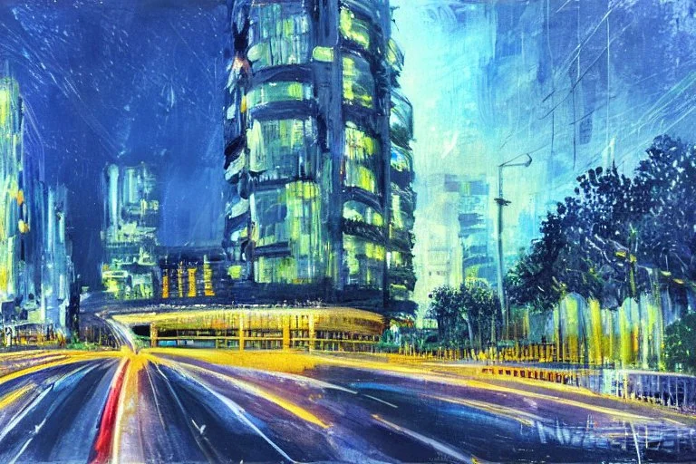 Night, futuristic buildings near trees, highway, people, sci-fi, impressionism, ealistic painting