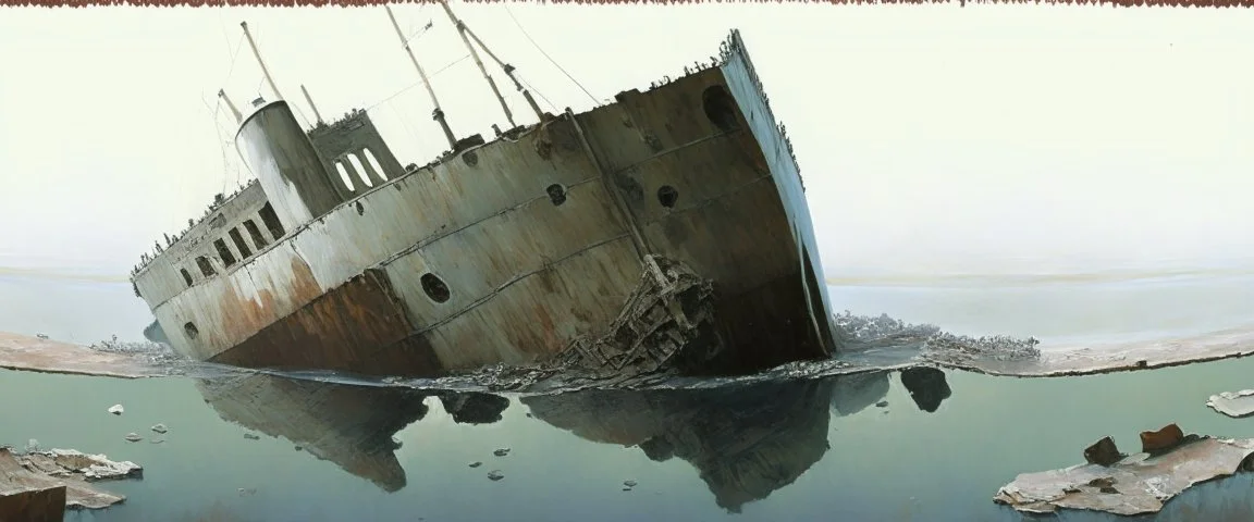 painting of a sunken ship, realistic, detailed, minimalistic