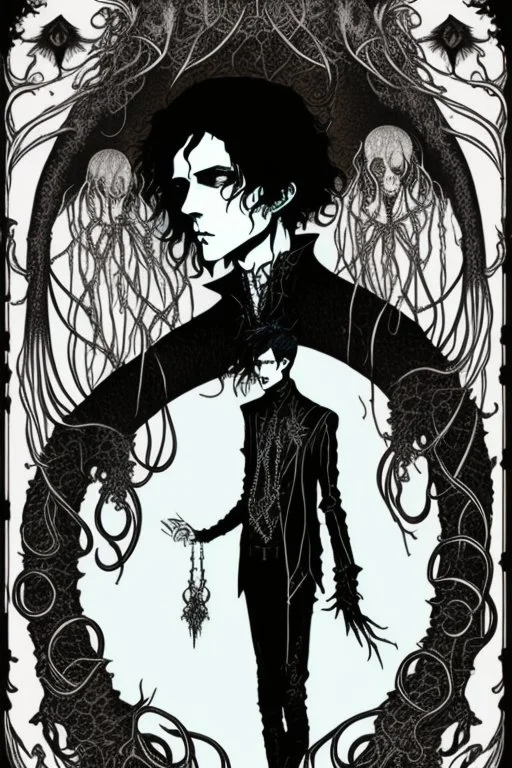 black haired young man necromancer wizard with gothic jewelry and tentacle fingers in the style of Harry Clarke