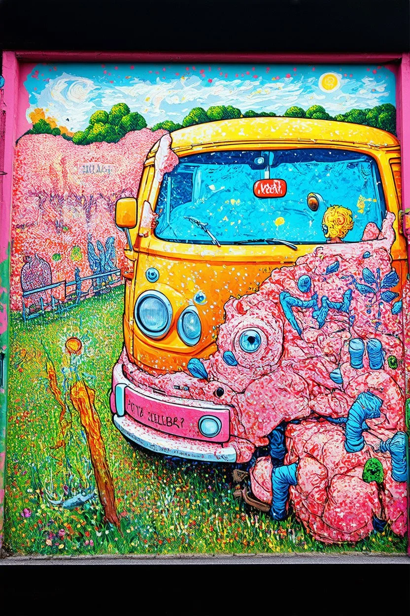 quelle horreur; a fantastical surreal pastel sparkly world exploration of the end of a civilization; a street art mashup of Philip Guston imposed upon a Van Gogh landcape.