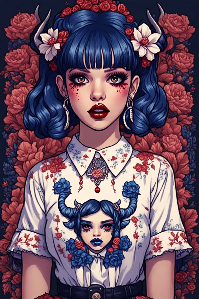 wears a smart shirt which is embroidered with bluered flowers and ornaments, has dark eyes and horns,Poster in two gradually, a one side malevolent goth vampire girl face and other side the Singer Melanie Martinez face, full body, painting 90's movie , pixel art , for a retro gaming 2D style, darkblue and sepia tones,