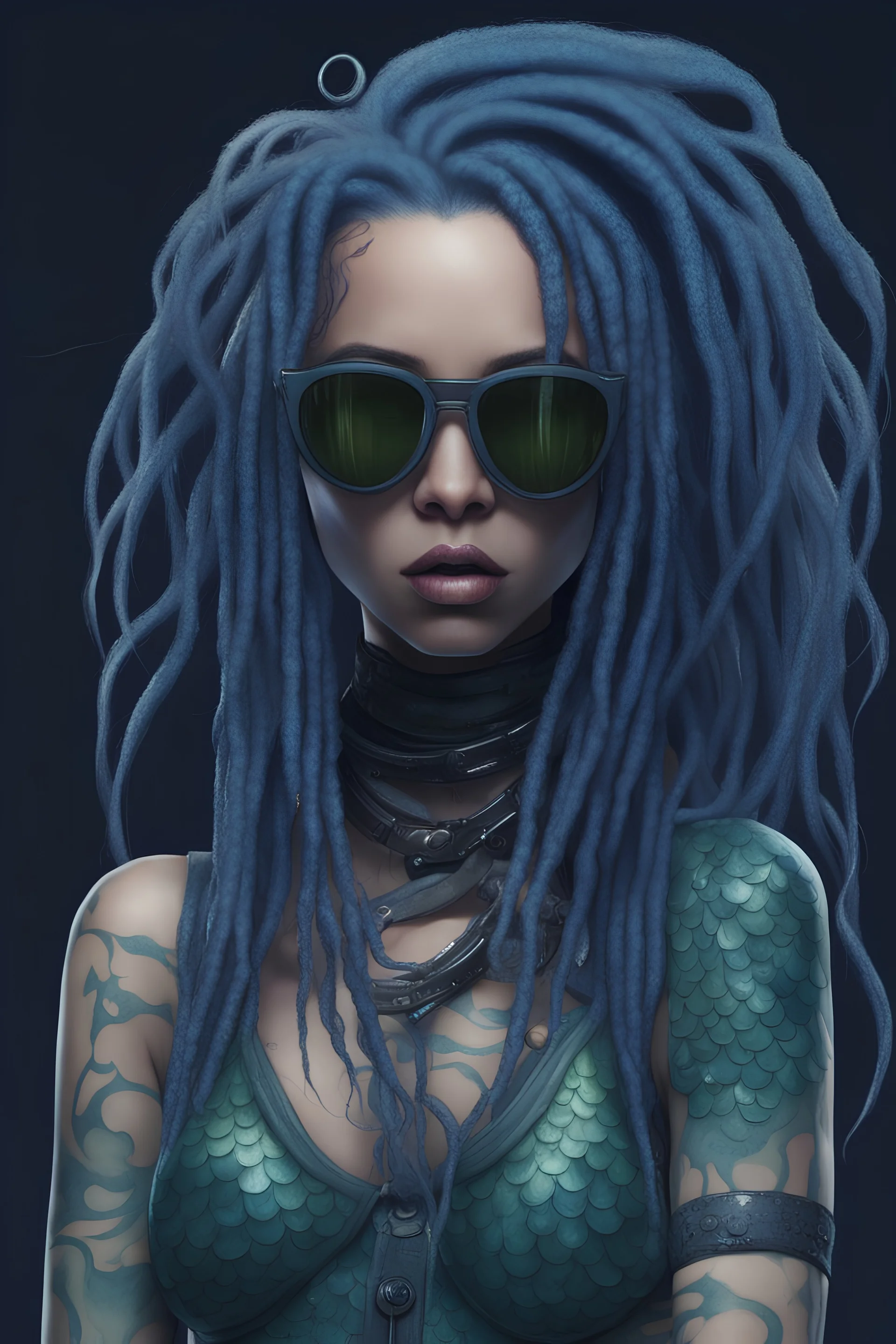 entire body mermaid cyberpunk some fish scales on face indigo hair dreadlock sunglasses