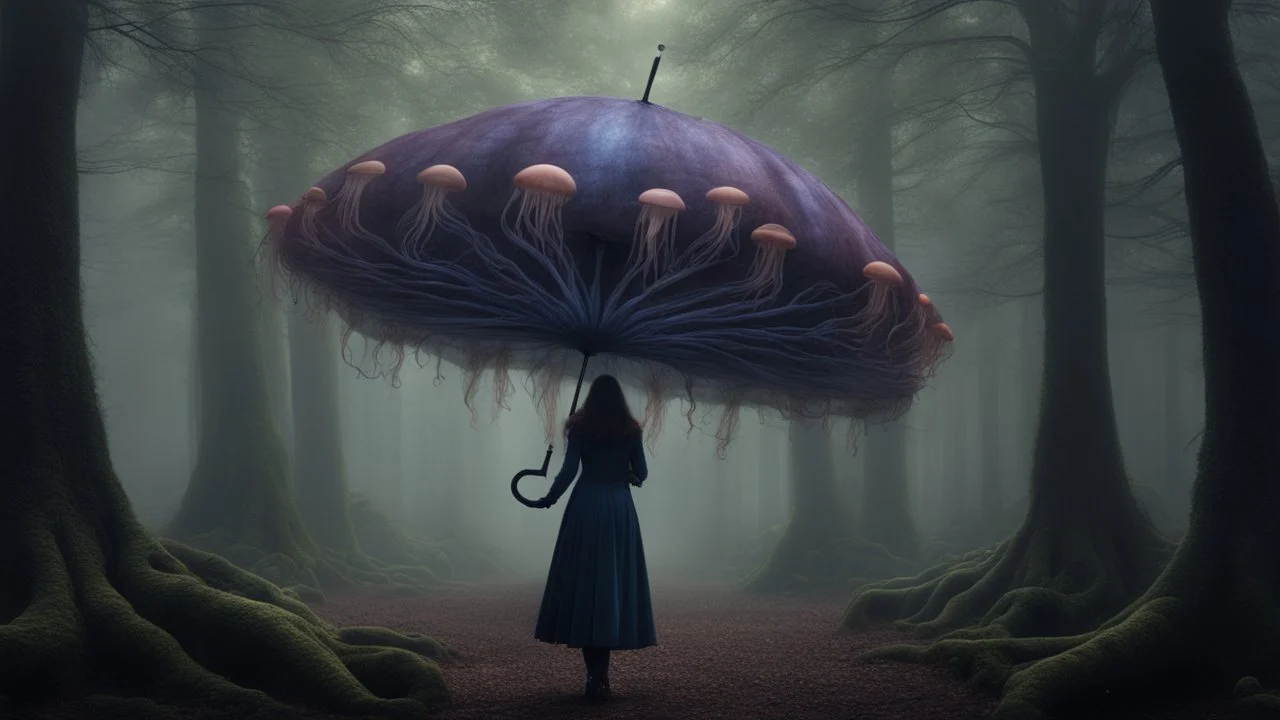 woman in an alien forest with an umbrella made from a jellyfish, photorealistic, Detailed Matte Painting, Deep Colour, Fantastical, Intricate Detail,