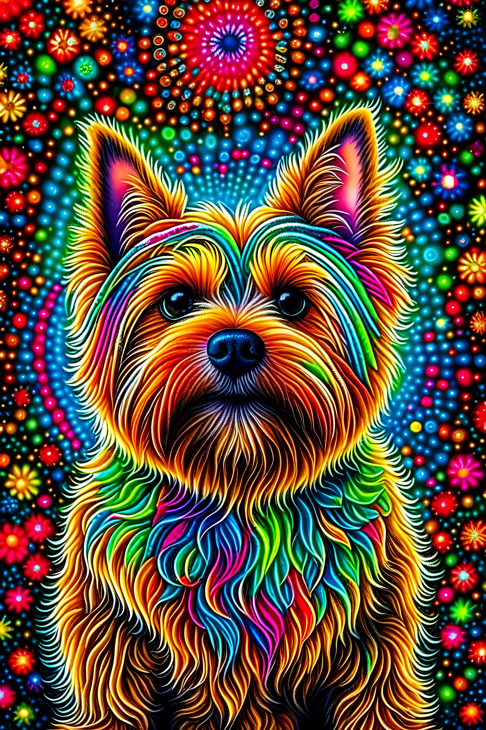Create an enchanting image of a Yorkshire Terrier with a mesmerizing twist – its fur has transformed into a kaleidoscope of crystal strands, each reflecting a vibrant array of colors. The Yorkie's endearing eyes should shimmer with curiosity and playfulness, while its crystalline fur flows gracefully, giving it an otherworldly and ethereal appearance. Surround the Yorkie with a whimsical background that complements the iridescent hues of its crystal hair, evoking a sense of wonder and magic
