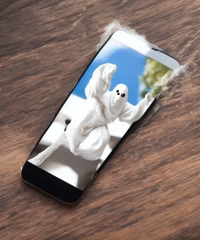 ghost climbing out of a cellphone on a table