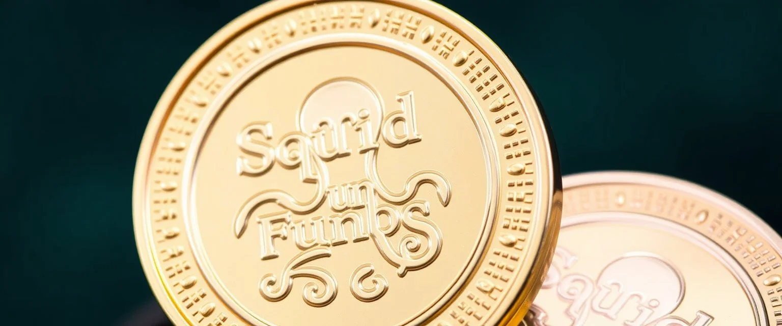 a coin with an emblem of "Squid Fun Funds"