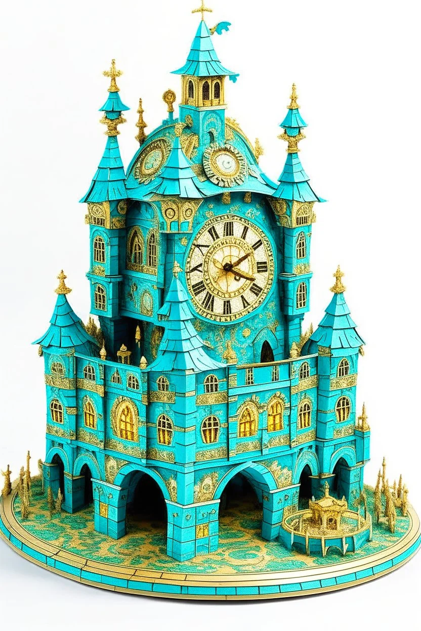 A light cyan clockwork castle designed in German folk art painted by Vincent van Gogh