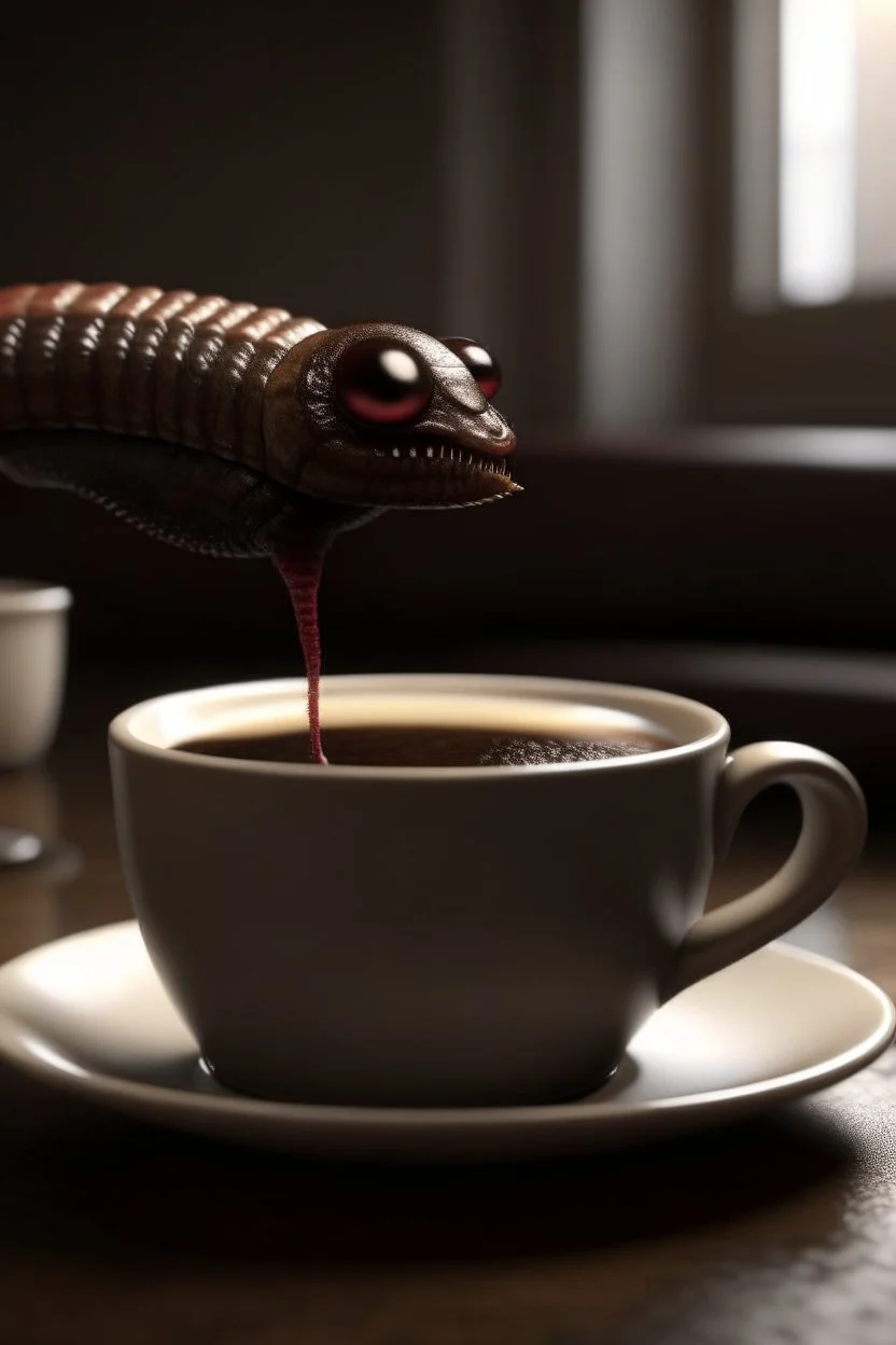 photorealistic leech drinking coffee