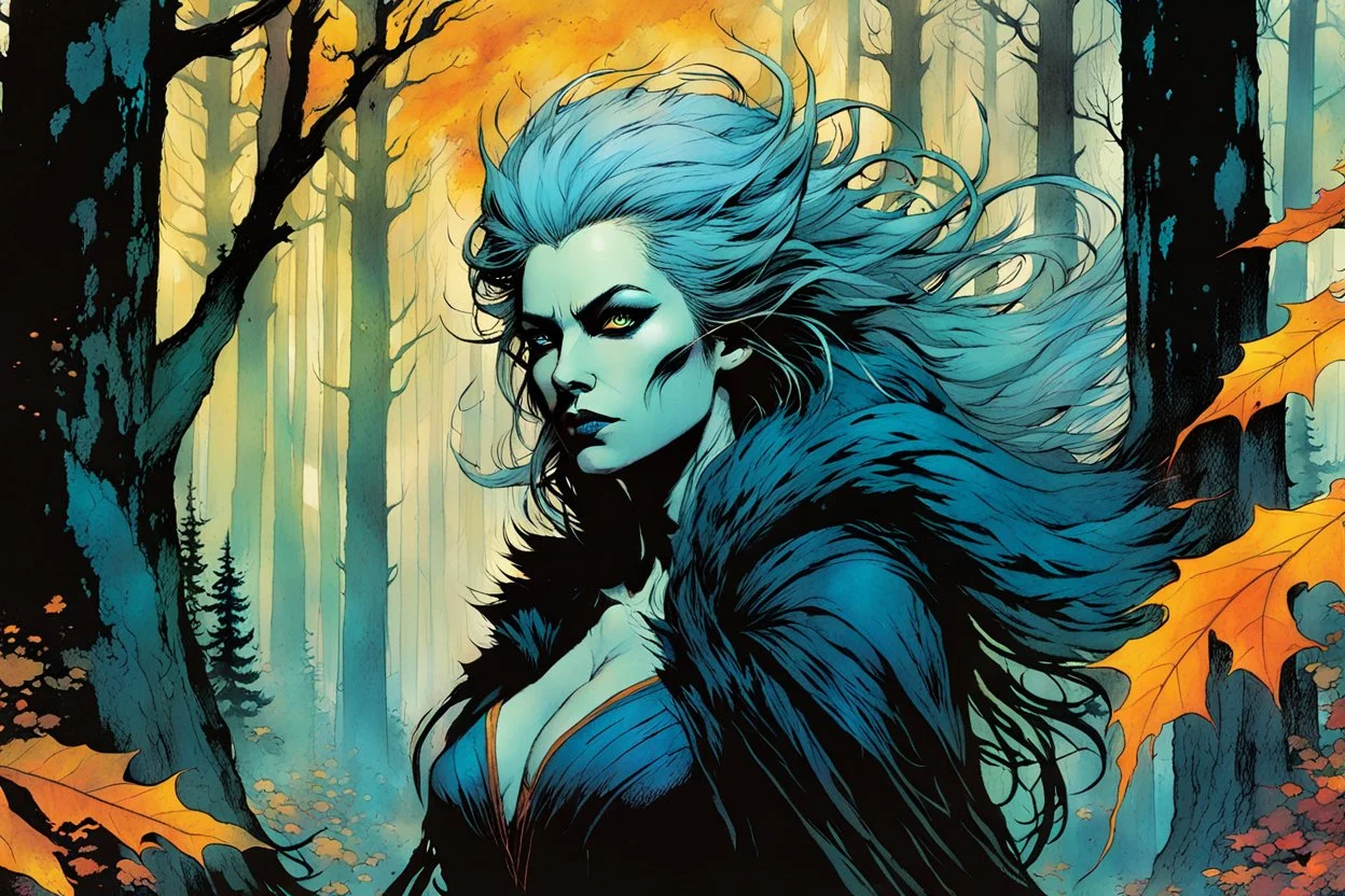 create a wildly conceptual print illustration of a feral wolven sorceress with highly detailed hair and feminine facial features, in an ethereal, otherworldly ,ancient autumn forest , in the comic book art style of Bill Sienkiewicz, Mike Mignola, Sparth, and Jean Giraud Moebius, finely drawn, colored, and inked, suffused with dramatic natural light and shadow of sunset