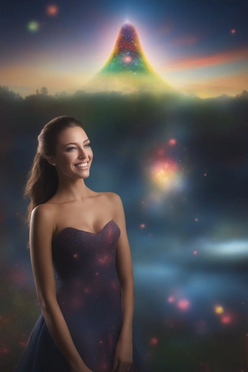 3D bubbles, 3D hearts, sunlight, blue skies, magic, multicolored swirling light, aurora borealis, UFOs, Devil's Tower, fireflies, facial portrait of Megan Gale as the Flash smiling a big bright happy smile, professional quality digital photograph, happy time