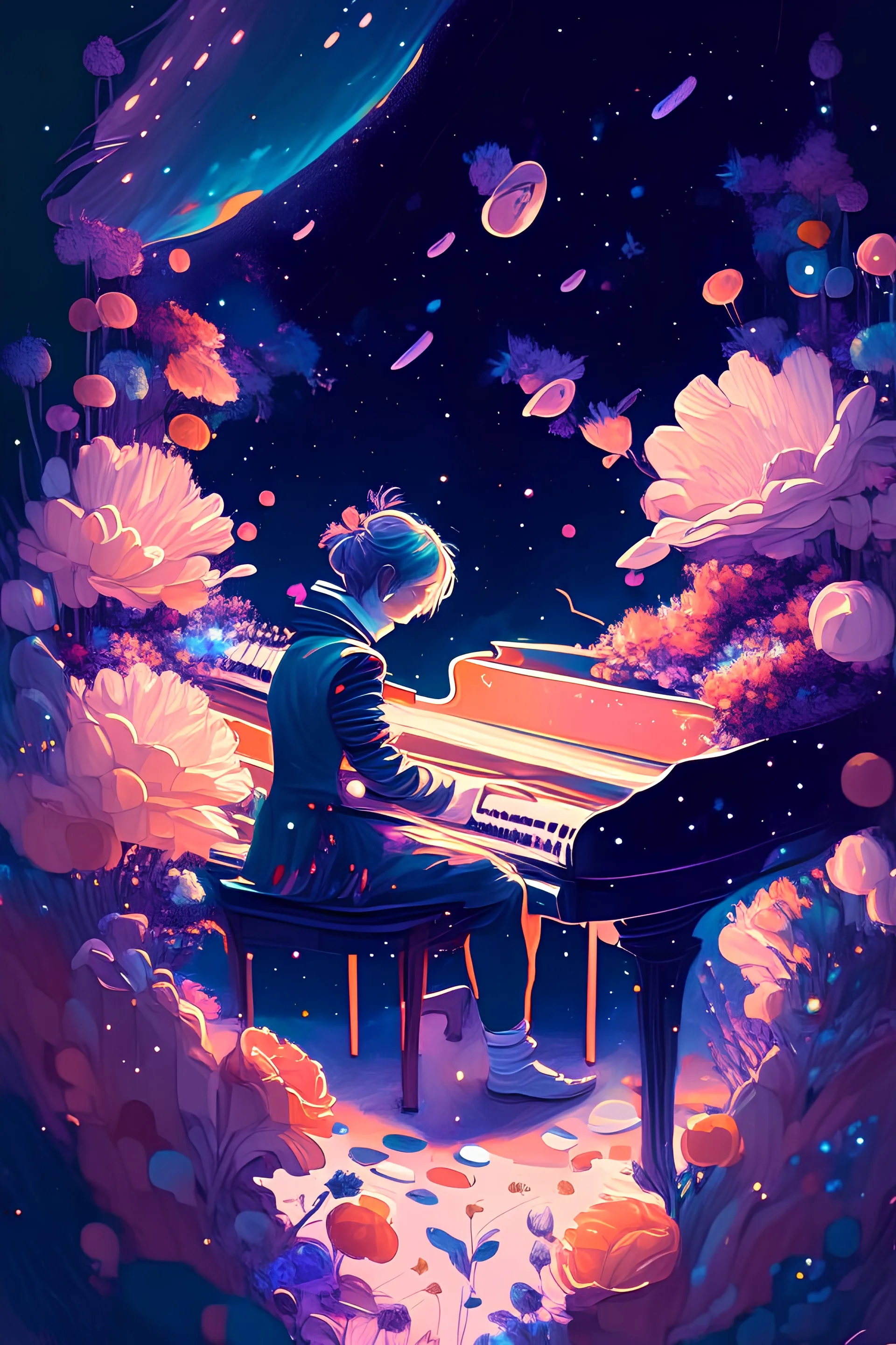 An pianist playing music on a floral stage in space with lots of stars, Google color palette, the boys style, detailed, devinart, trending on artstation, happy colors, an ultrafine detailed painting by james jean