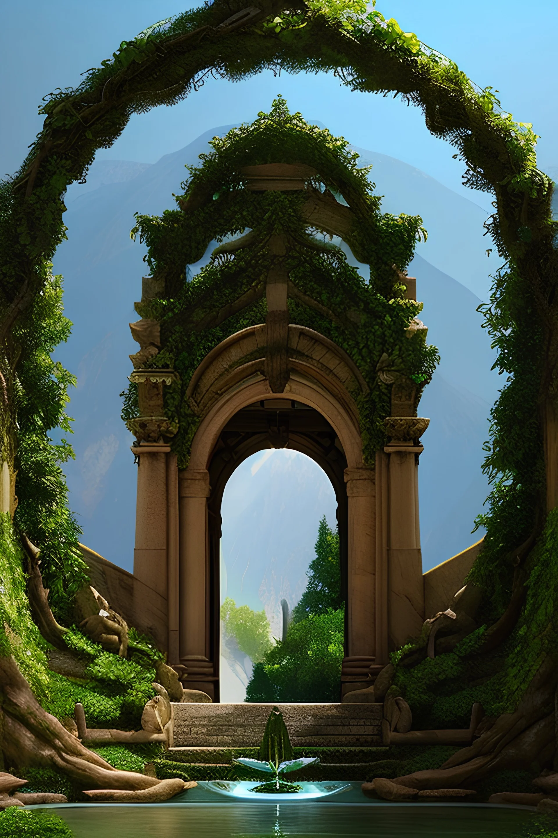 entrance to Mount Olympus:: greece:: heavy archway:: ornate, beautiful, lush, vines, goddess statues, Intricate Tree branches, water fountain, low angle, Photorealistic --ar 1:2 --q 2