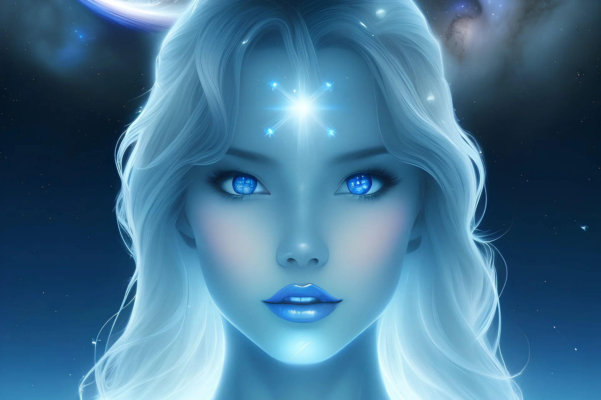 retrato de un ser cósmico de otro planeta de color celeste muy hermoso sonriendo, con una luz de estrella en el centro de la frente, ojos muy dulces y con un paisaje de colores galacticos por detrás. Con pequeñas haditas de colores en sus hombros. Colores pasteles, muy magico 8k