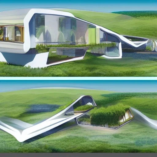 Futuristic house section, section drawing, collage landscape