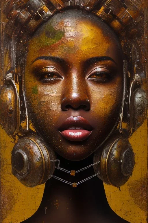 an abstract painting of rusted metal, african portrait, rust, scaffolding, iron cladding, decay, mixed media, textured, anatomically correct, beautiful perfect face, sharp focus, highly detailed