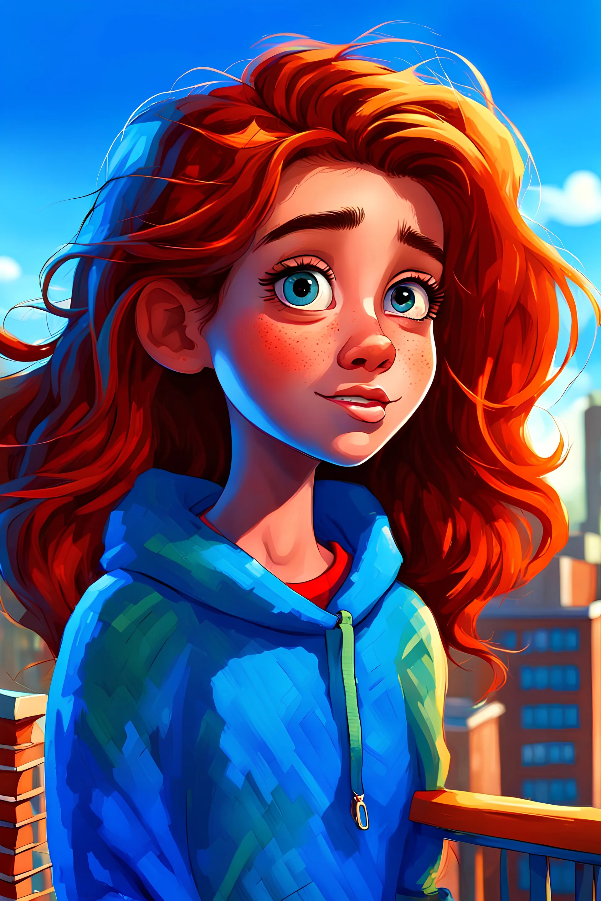 A beautiful young cartoon girl named Sally with messy brown afro hair, blues eyes that are expressive and filled with curiosity, From her room staring at the city, she wears a vibrant red sweater with flowers