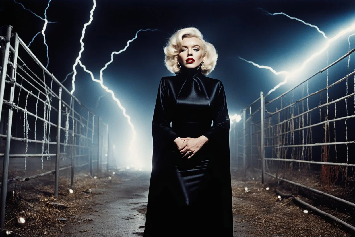 [color photo by Helmut Newton] a chilling scene unfolded with scary giant mascot puppets and undead slime teddy bear mascots. Marilyn Monroe dressed in a black nun costume with 70s hair, stood amidst bolts of electric arcs and glitter in the air with lightning crackling around her. The surreal mix of horror and beauty captured on film created a haunting fear and fascination, a line of nightmare.