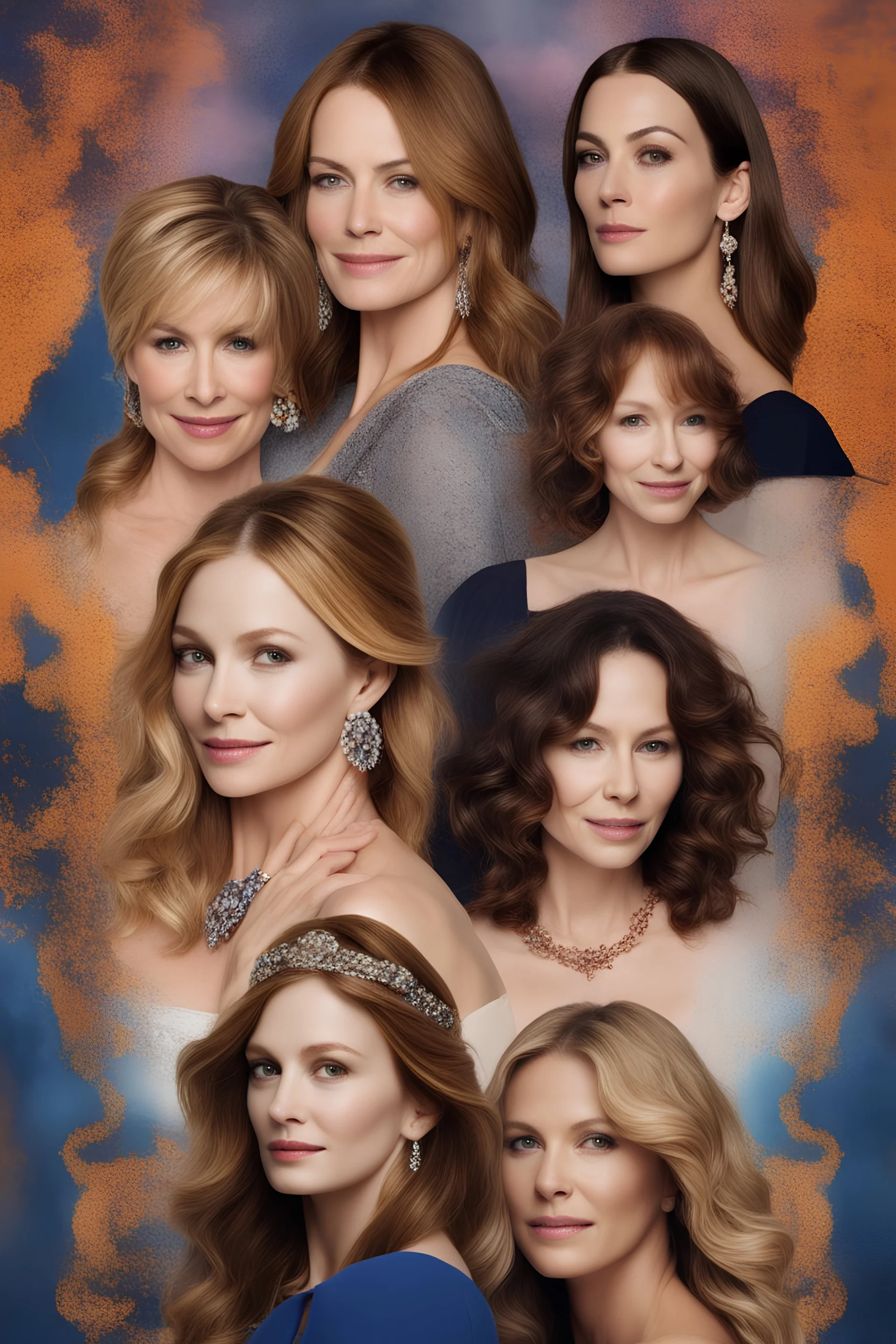 Jessalyn gilsig, Bridget Fonda, Sofia Vergara, Carol Vordeman, Mary Steenbergen and christina Hendricks - UHD, 8x10 digital photograph -colorful, playful, bright, vibrant, jewelry, calligraphic, dainty, ornate, flirtatious, Delicate, beautiful patterns, fairy tale background, dark blue and gray gradated background, fog, multicolored explosions of light