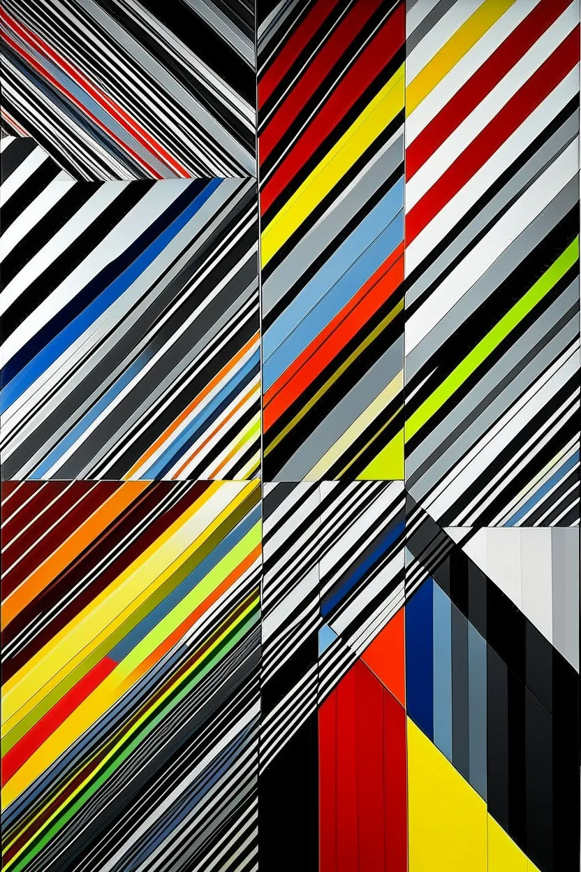 The world of technicolor and black and white divided diagonally by stripes running from the upper left corner to the lower right corner, with the stripes extending from front to back. The color gradient transitions from vibrant colors at the front of the composition to a more subdued gray and warm grey-black at the back, adding depth and dimension to the artwork.