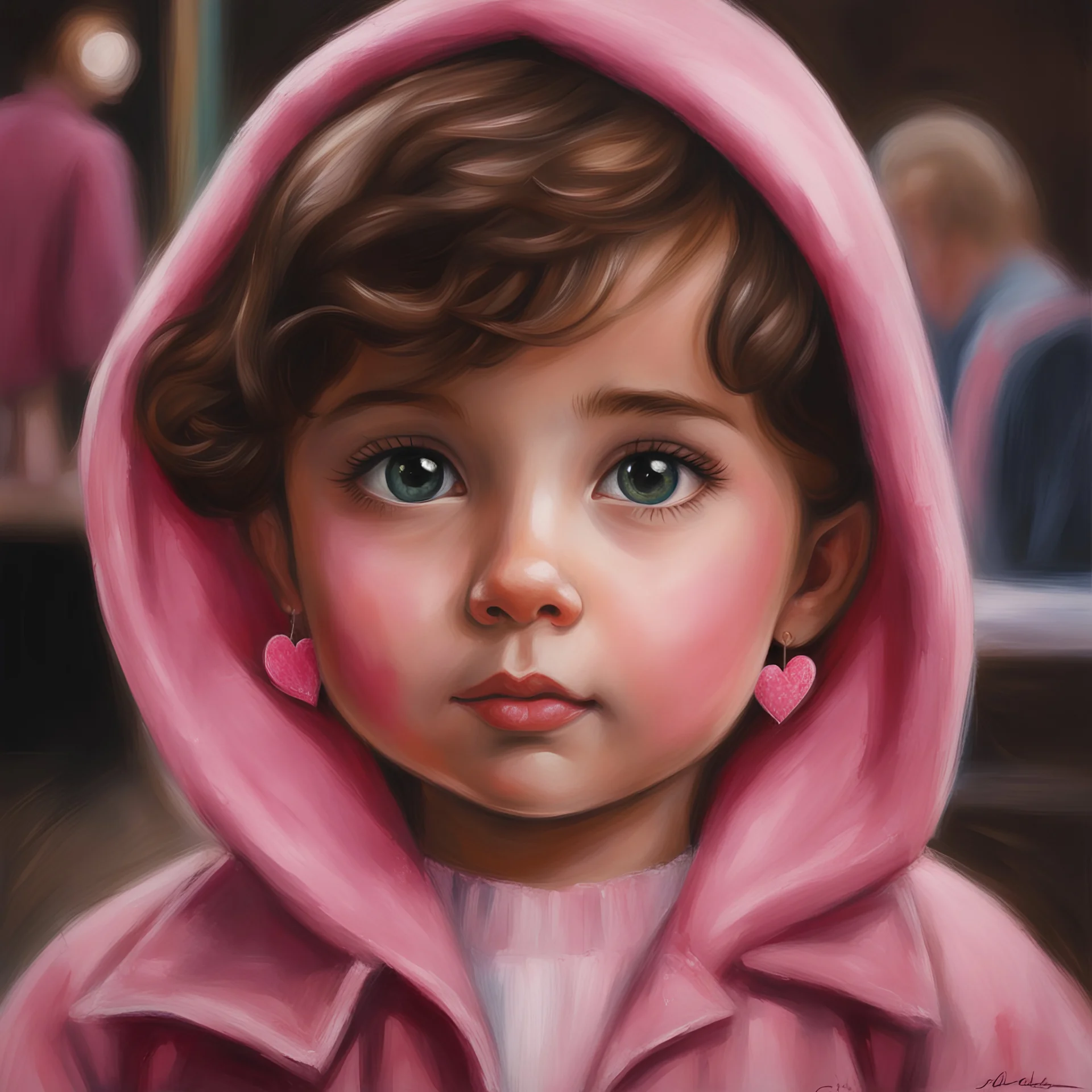 Painting of a little girl with big hazel eyes and short brown hair with a pink jacket and heart earrings, 2 years old, adorable eyes, cute face, oil pastel, oil pastel painting, oil painting, painting style, vivid colors