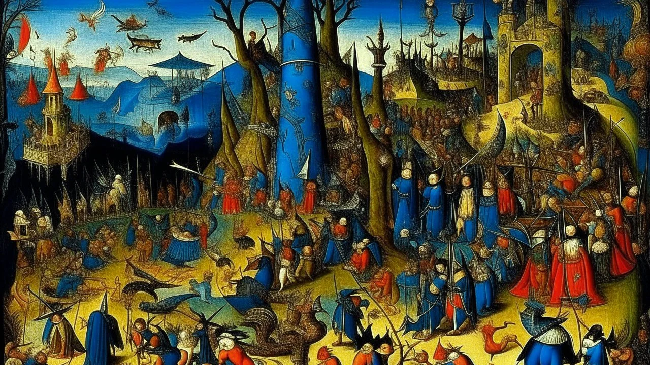 A dark blue chaotic realm with pixies designed in pacific Northwest totem poles painted by Pieter Bruegel the Elder