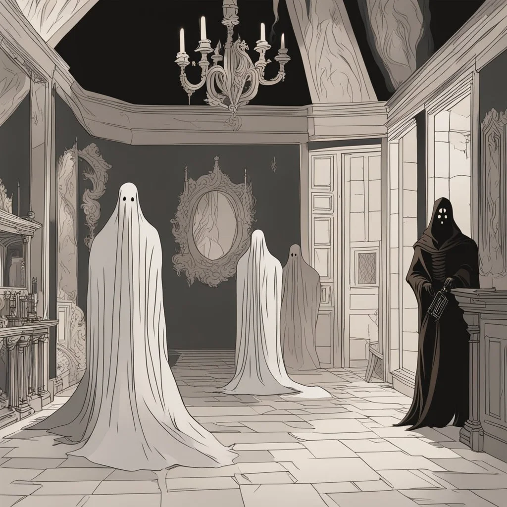 ghostly wraiths and smoky phantoms in a hall with broken mirrors