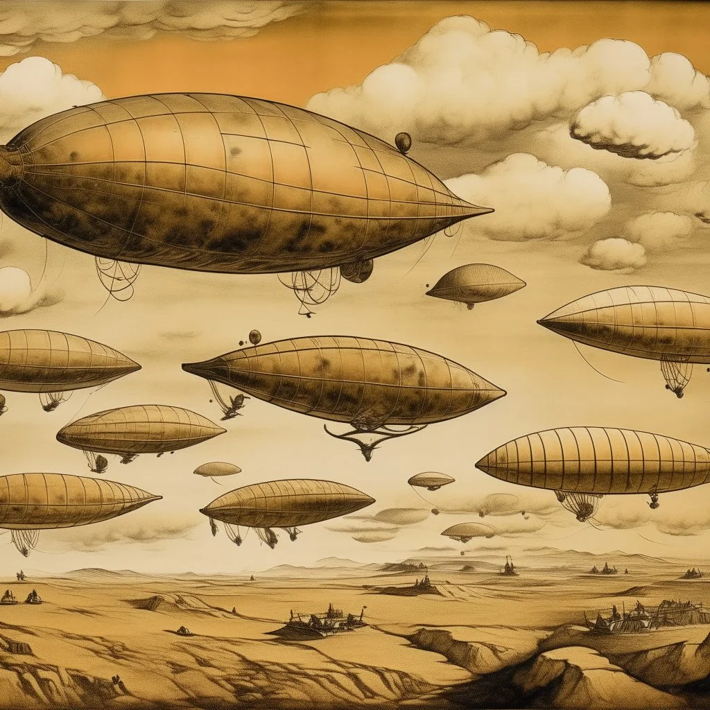 A beige fleet of airships in the sky designed in Lascaux cave paintings painted by Paul Cezanne