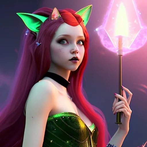 Gorgeous teenage girl with red hair who is dressed like a witch casting a spell, green eyes, and cat ears, background is realistic space, goth girl dress, full body portrait, arm colors gradient effect into stars, rendered, unity 3d, unreal engine, dslr, hdr, 4k, edited, photorealistic, normal number of appendages, freckles, artists rendering