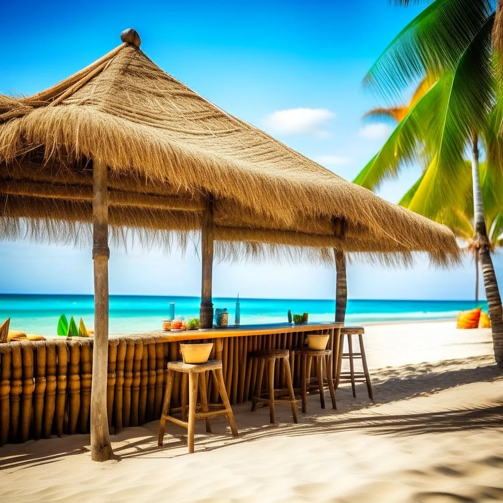 thatched awning tropical beach bar with a coconut theme, white sand and coconut trees in background, azure blue water