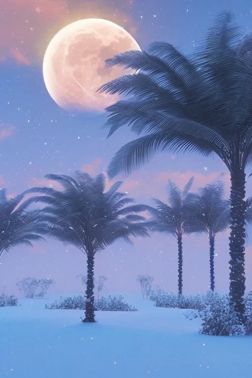 1980's aesthetic vaporwave palm trees with lighting with moon with bmw in the winter snow