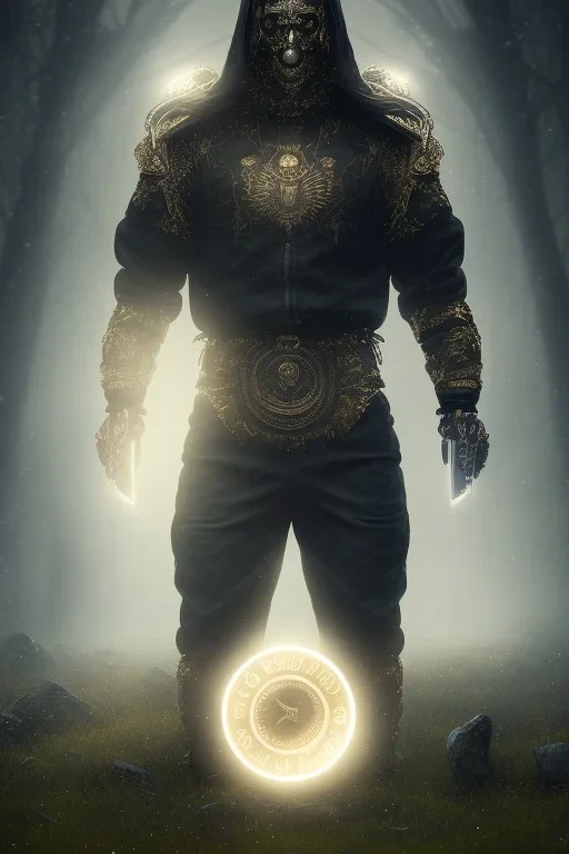 running berserker portrait , no face, black jogging suite , in the night Alps , holding coins , angels background, volumetric gold light, high detail, dark leaf tree, dark mountains in background, perfect, HR Giger style