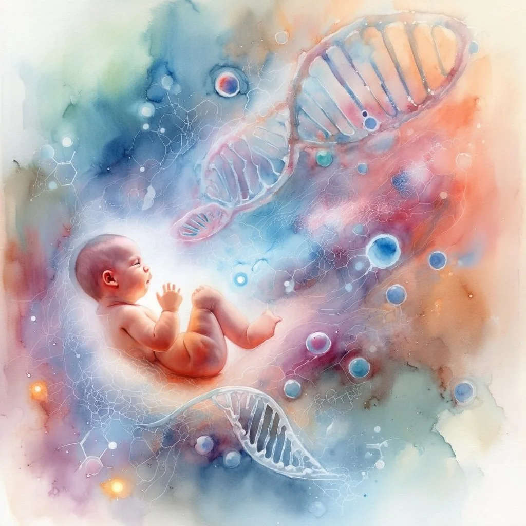 Inspiration from Nomeradona On Playground Life begins. Quantum Serenity: A watercolor depiction of the conception of a baby, illustrating the interplay of microscopic quantum particles and DNA at the molecular level, embodying calmness in action.”