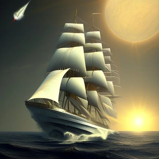 Clipper ship under full sail with alien spaceship above