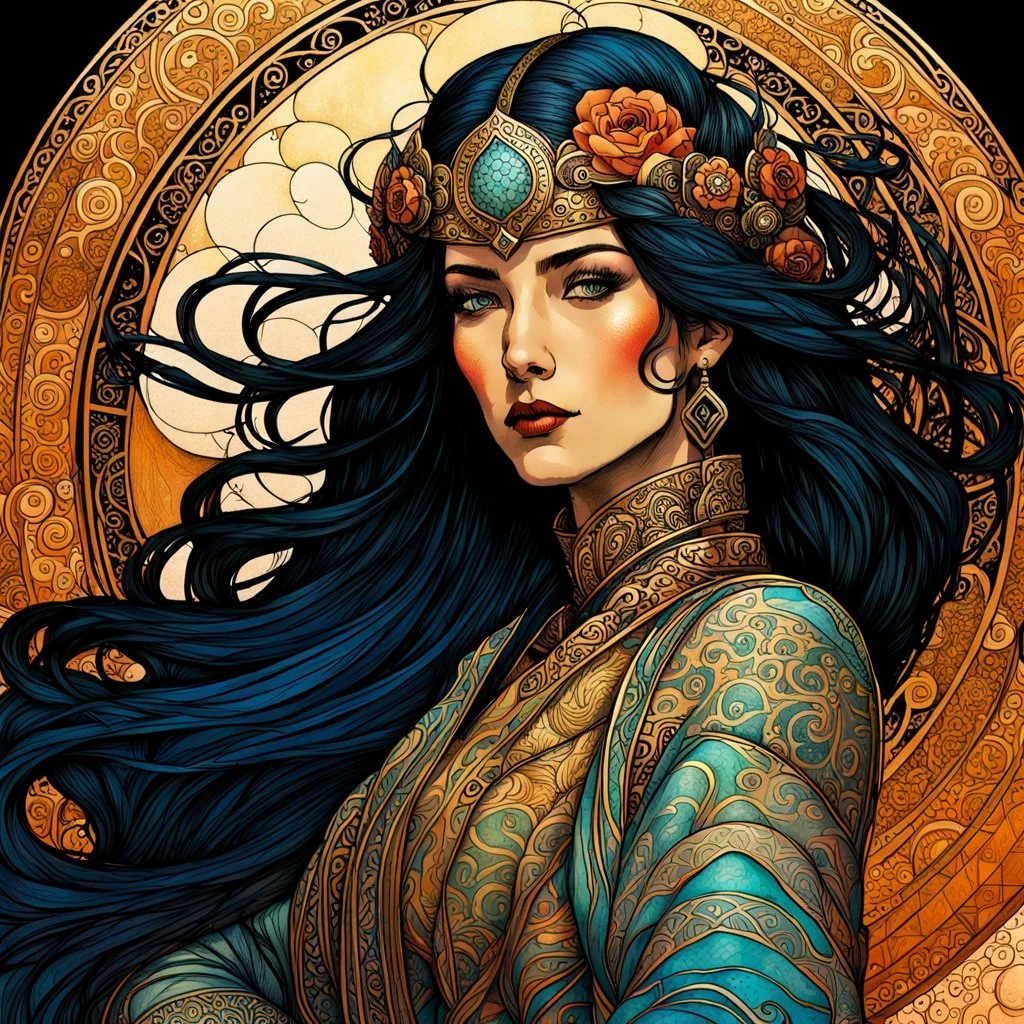 create an ethereal, darkly magical illustration of an epic female Andalusian guitarist with highly detailed and deeply cut facial features, in the style of GUSTAV KLIMT and ALPHONSE MUCHA combined with the comic art style of BILL SIENKIEWICZ and JEAN GIRAUD MOEBIUS, searing lines and forceful strokes, precisely drawn, inked, and darkly colored